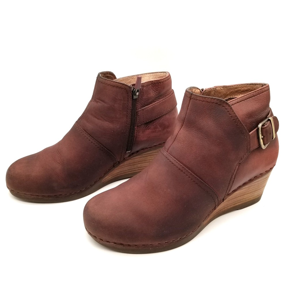Dansko Shirley Ankle Boots Booties Women Sz 39 US 8-8.5 Maroon Leather Wedge